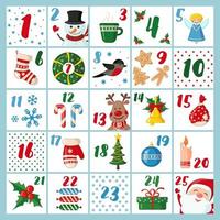 calendario dell'avvento natalizio in stile piatto con elementi natalizi: babbo natale, cervo, lago di neve, calzino, regalo. illustrazione vettoriale. vettore