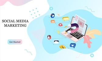 pagina di destinazione isometrica 3d del social media marketing. comunicazione nei social network. immagine di telefono cellulare, laptop con chat, Mi piace e denaro per infografica, banner, sito Web, materiale promozionale. vettore