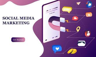 pagina di destinazione del social media marketing. comunicazione nei social network. immagine del telefono cellulare con chat, Mi piace e denaro. Design isometrico 3D per infografica, banner, sito Web, materiali promozionali vettore