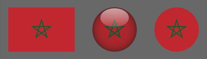 set di bandiere del Marocco, rapporto di dimensioni originali, 3d arrotondato e piatto arrotondato. vettore