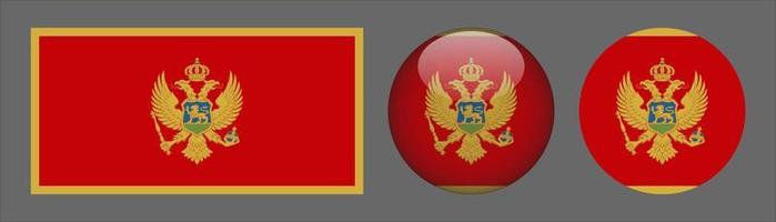 set di bandiere montenegro, rapporto di dimensioni originali, 3d arrotondato e piatto arrotondato. vettore