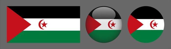 Collezione di set di bandiere della repubblica democratica araba sahrawi, rapporto di dimensioni originali, 3d arrotondato e piatto arrotondato. vettore