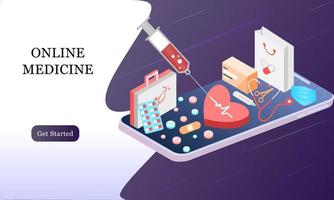 modello di progettazione della pagina di destinazione isometrica per farmacia online, medicina online, servizio medico e assicurazione sanitaria. illustrazione vettoriale isometrica piatta per sfondi, infografica, banner web.