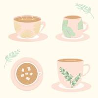 vettore - simpatico set di 4 tazze di caffè o cioccolato caldo con foglie di piante. oggetto. adorabile, vintage. ClipArt. può essere utilizzato per decorare qualsiasi web, adesivo, icona, logo, banner, adesivo.