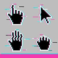 set di segni dell'icona del cursore della mano e del cursore della freccia del mouse glitch nero pixel vettore
