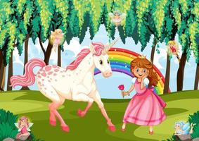 principessa e unicorno sullo sfondo della foresta incantata vettore