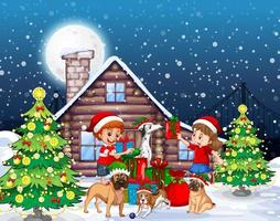 scena di neve che cade con bambini e cani in tema natalizio vettore