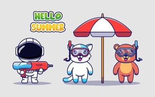 simpatico astronauta, orso e gatto con striscione di auguri per l'estate vettore