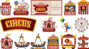 set di personaggi del circo ed elementi del parco di divertimenti vettore