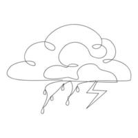 nuvole con pioggia e fulmini disegnate in una riga. schizzo. tempo dell'arte moderna. isolato. illustrazione vettoriale in stile minimal.