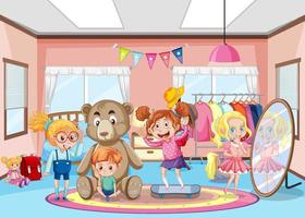 interno della camera da letto della ragazza con il personaggio dei cartoni animati dei bambini felici vettore