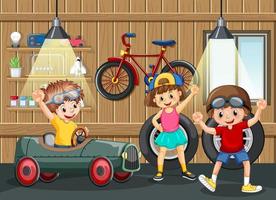 scena del garage con bambini che aggiustano un'auto insieme vettore