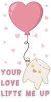 simpatico marshmallow kawaii che decolla su un palloncino a forma di cuore. personaggi kawaii marshmallow in uno stile piatto, cartoline disegnate a mano per esprimere i propri sentimenti vettore