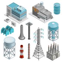 Set di icone isometriche di edifici industriali vettore