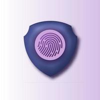 Icona 3D del sistema di segnaletica per la privacy dell'ID di protezione dei dati dello scudo con modello biometrico dell'impronta digitale. firewall per la sicurezza dei dati vettore
