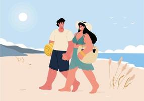 viaggio romantico per una coppia innamorata, camminando lungo la spiaggia e tenendosi per mano. coppia in vacanza. vettore