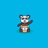 simpatico baby panda beve caffè. carattere, logo, icona e design di ispirazione. vettore