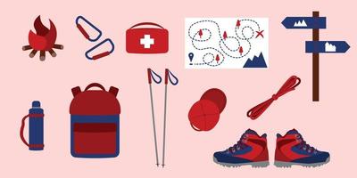 pacchetto di attrezzatura da trekking e da viaggio. set di scarponi, bastoncini da nordic walking, cartina, thermos, berretto, zaino, cassetta di pronto soccorso, cartello, fuoco, carabine e corda. illustrazione vettoriale in stile piatto.