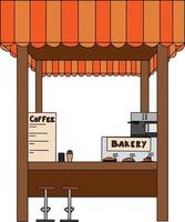illustrazione vettoriale mercato di stallo con caffè e prodotti da forno. caffè di strada con sedie. caffè e pasticceria.
