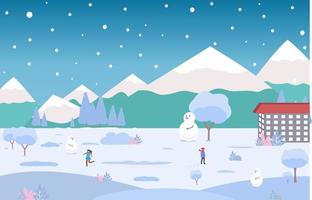 vacanza sulle montagne innevate in inverno, paesaggio di alberi, palla di neve, resort e cielo blu, illustrazione vettoriale per sfondo e carta da parati