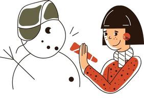 1-ragazza decora un pupazzo di neve vettore