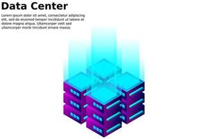 illustrazione vettoriale isometrica del data center. astratto server di hosting 3d o sfondo della stanza del centro dati. layout dell'intestazione del sito web dell'infrastruttura di rete o mainframe