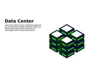 illustrazione vettoriale isometrica del data center. astratto server di hosting 3d o sfondo della stanza del centro dati. layout dell'intestazione del sito web dell'infrastruttura di rete o mainframe