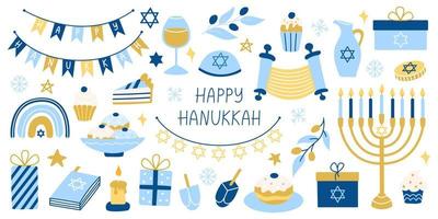 grande set di hanukkah. raccolta di simboli di hanukkah piatti colorati vettoriali con menorah, monete, ciambelle
