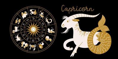 segno zodiacale capricorno. oroscopo e astrologia. oroscopo completo nel cerchio. zodiaco della ruota dell'oroscopo con il vettore di dodici segni.