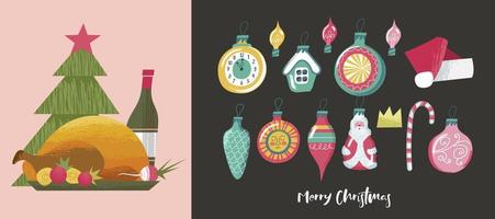 un insieme di elementi per creare il tuo disegno natalizio. tacchino al forno, vino, decorazioni natalizie. illustrazione vettoriale. vettore