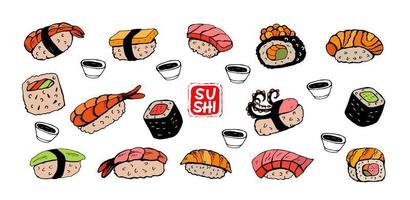 set di sushi e panini giapponesi diversi disegnati a mano. illustrazione vettoriale. vettore