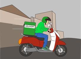 il personale addetto alla consegna del cibo guida la motocicletta per consegnare il cibo vettore