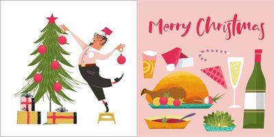 buon Natale. un uomo con un cappello da Babbo Natale decora l'albero di Natale. illustrazione vettoriale, set di decorazioni natalizie e cibo festivo. vettore