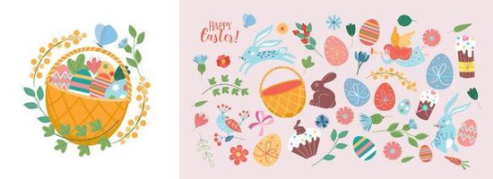 Buona Pasqua. set vettoriale di illustrazione carina. uova dipinte, conigli, fiori, un cesto, una lepre di cioccolato, torte. elementi di design per biglietti, poster, volantini e altri usi.