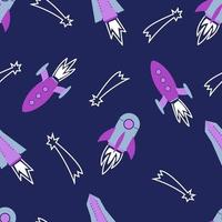 modello senza cuciture di razzo su sfondo blu scuro con comete. varie astronavi illustrazione vettoriale. ottimo per tessuti, tessuti, abbigliamento, vivaio, cancelleria, stampa. vettore