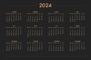 Calendario 2024 per taccuino del diario del pianificatore personale, oro su nero stile ricco di lusso. formato orizzontale orizzontale. la settimana inizia di domenica vettore