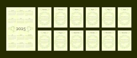 Calendario 2025 in delicato stile naturale alla moda decorato con foglie di rami botanici disegnati a mano. set di 12 mesi separati. formato verticale. colore verde pastello chiaro. la settimana inizia di domenica. vettore