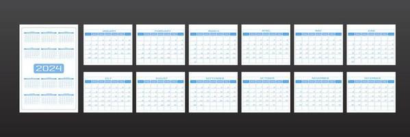 Calendario 2024 in stile urbano minimalista alla moda. set di 12 mesi modello pianificatore giornaliero elenco di cose da fare per tutti i giorni. forma tondeggiante affusolata, colore azzurro tenue. la settimana inizia di domenica. vettore