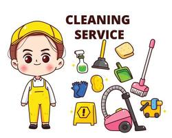 attrezzatura per il servizio di pulizia lavoratore pulito concetto di carattere fumetto disegnato a mano fumetto illustrazione di arte vettore