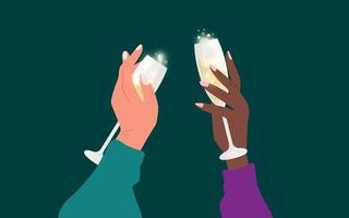 illustrazione festiva di due mani femminili che tengono bicchieri di champagne. illustrazione vettoriale