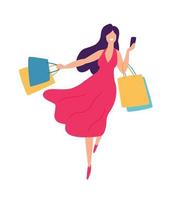 illustrazione di una ragazza con lo shopping. vettore. illustrazione piatta positiva in stile cartone animato. sconti e saldi. shopping maniaco dello shopping. vendite on line. acquirente di beni. vettore