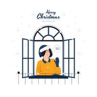 donna in abiti invernali e cappello da Babbo Natale a casa balcone, natale, illustrazione del concetto di capodanno vettore