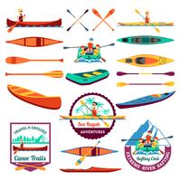 Set di elementi per il rafting in canoa e kayak vettore