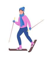 donna che scia carattere vettoriale semi piatto a colori