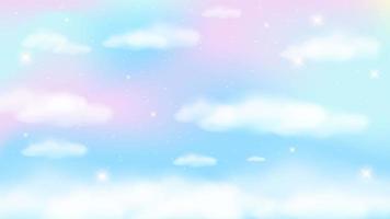 sfondo di unicorno arcobaleno fantasia olografica con nuvole. cielo color pastello. paesaggio magico, modello astratto favoloso. simpatica carta da parati con caramelle. vettore.