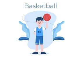 giovane felice che gioca a basket design piatto illustrazione indossando l'uniforme del cesto in campo all'aperto per sfondo, poster o banner vettore