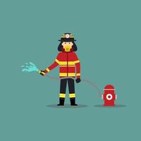 l'illustrazione del fumetto del vigile del fuoco tiene un tubo dell'acqua vettore