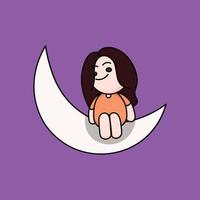 la ragazza sveglia si siede sull'illustrazione dell'icona della luna. illustrazione di fantasia per bambini vettore