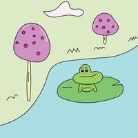 l'illustrazione della natura della foresta e della rana si rilassano sul fiume vettore