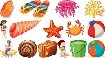set di oggetti da spiaggia estivi e personaggi dei cartoni animati vettore